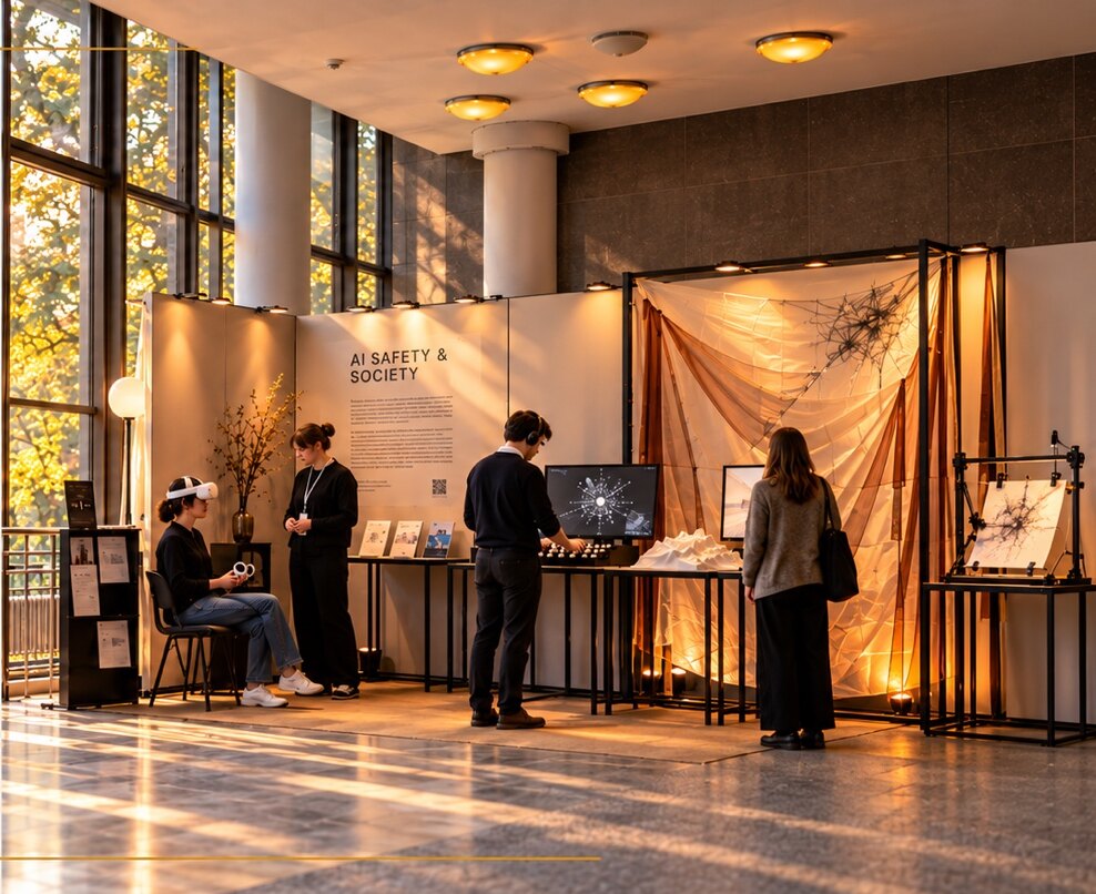 An illustrative concept of the exhibition: visitors at hands-on stations in a daylit hall.